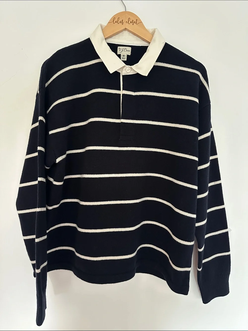 JCREW MENS Navy and White Striped Rugby Sweater size medium NWOT